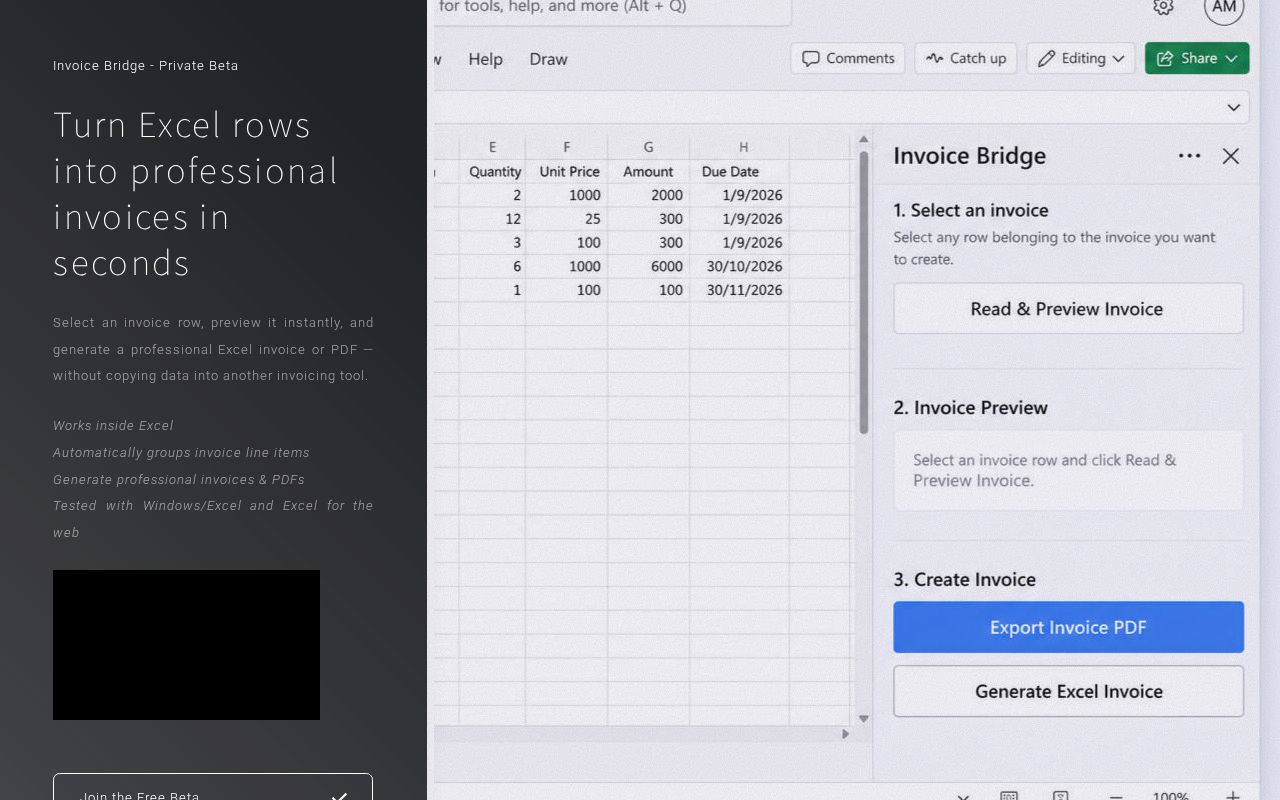 I built an Excel add-in that turns invoice rows into finished invoices — looking for a few busines